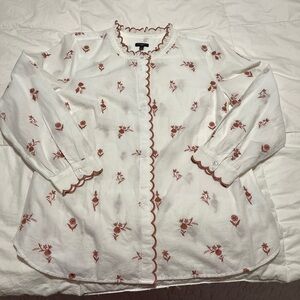 Talbots Scallop Trim Embroidered Button Down Shirt Size Petite Large